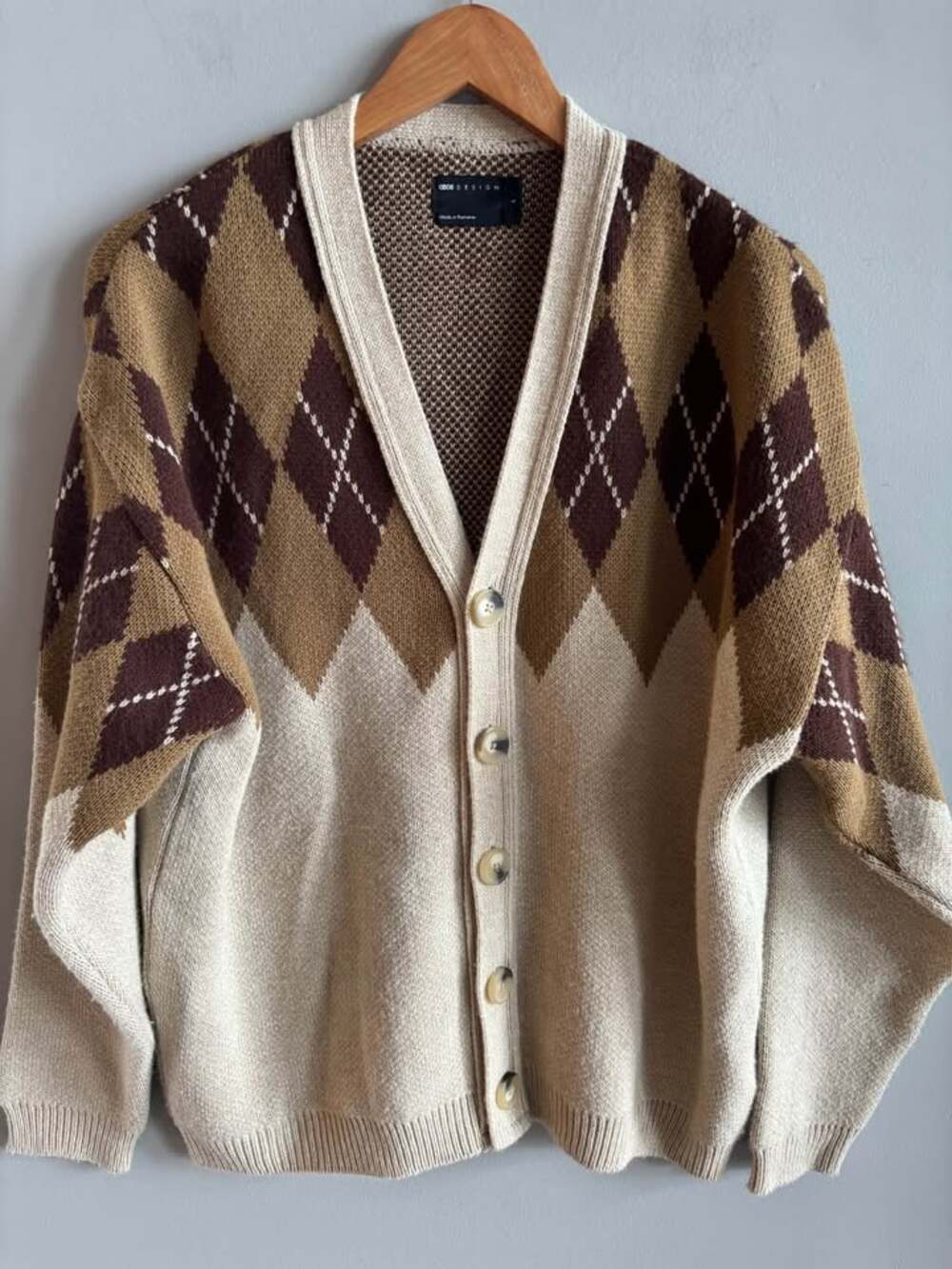 ASOS DESIGN Oversized Boxy Argyle Knit Cardigan Sweater Beige Brown Neutral Size